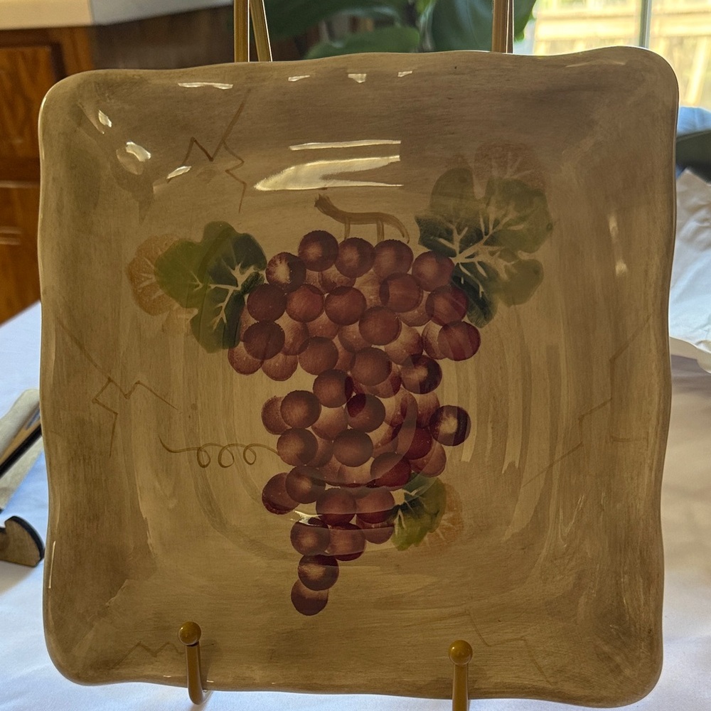 Square Ceramic Plate with Grape Design